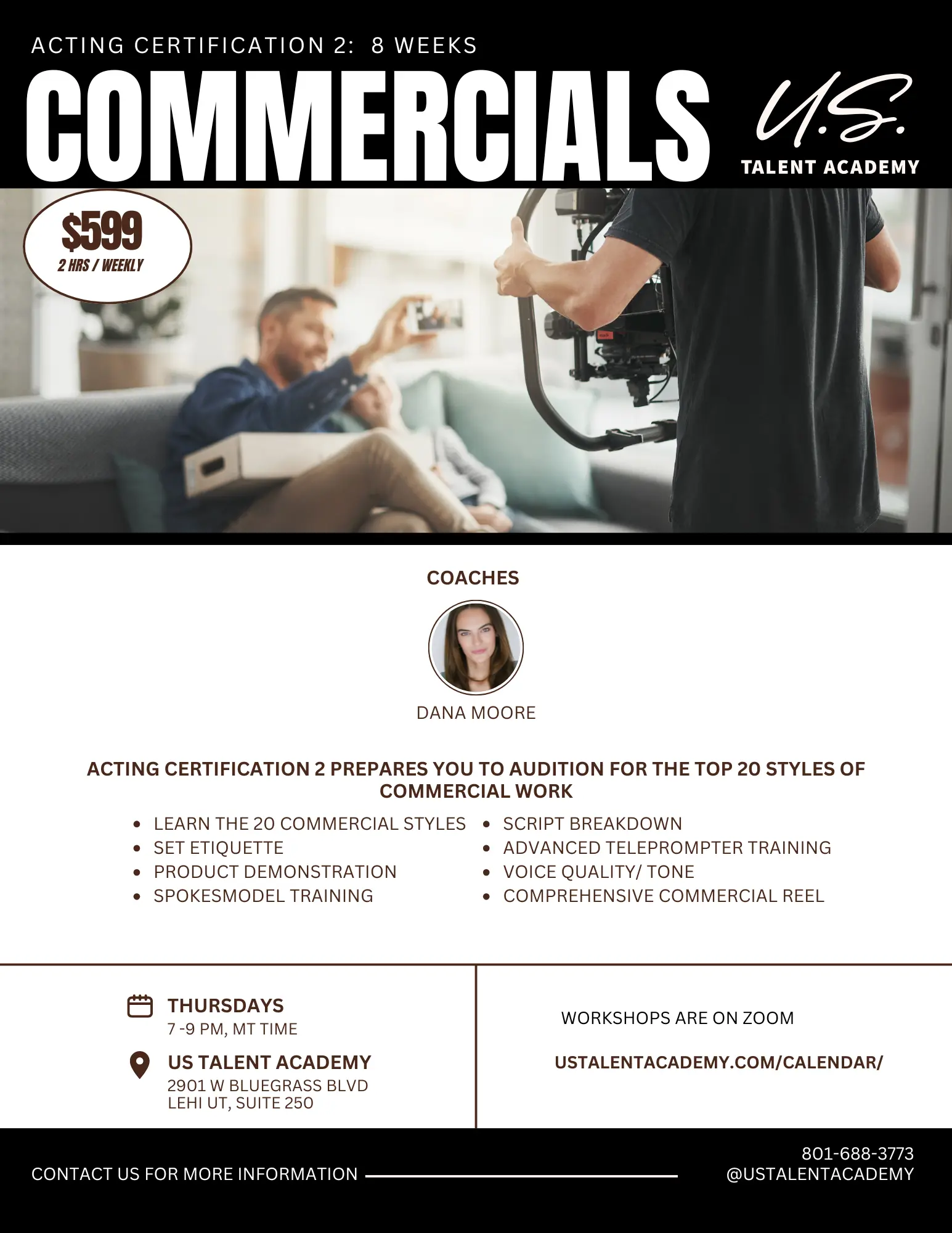 Actor performing lifestyle and testimonial commercial scenes during U.S. Talent Academy's 8-week Commercial Acting Certification training program.